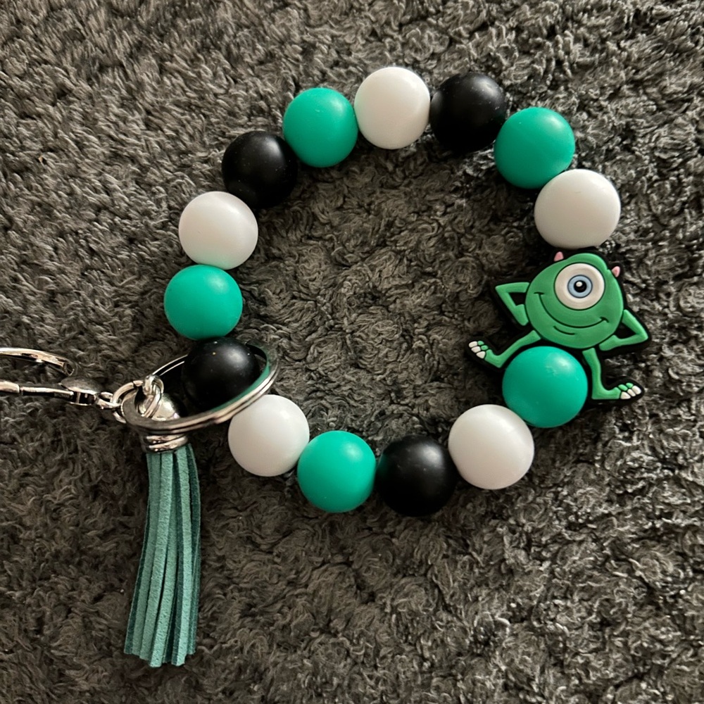 Teal, Black & White Mikey Bead Keychain Bracelet